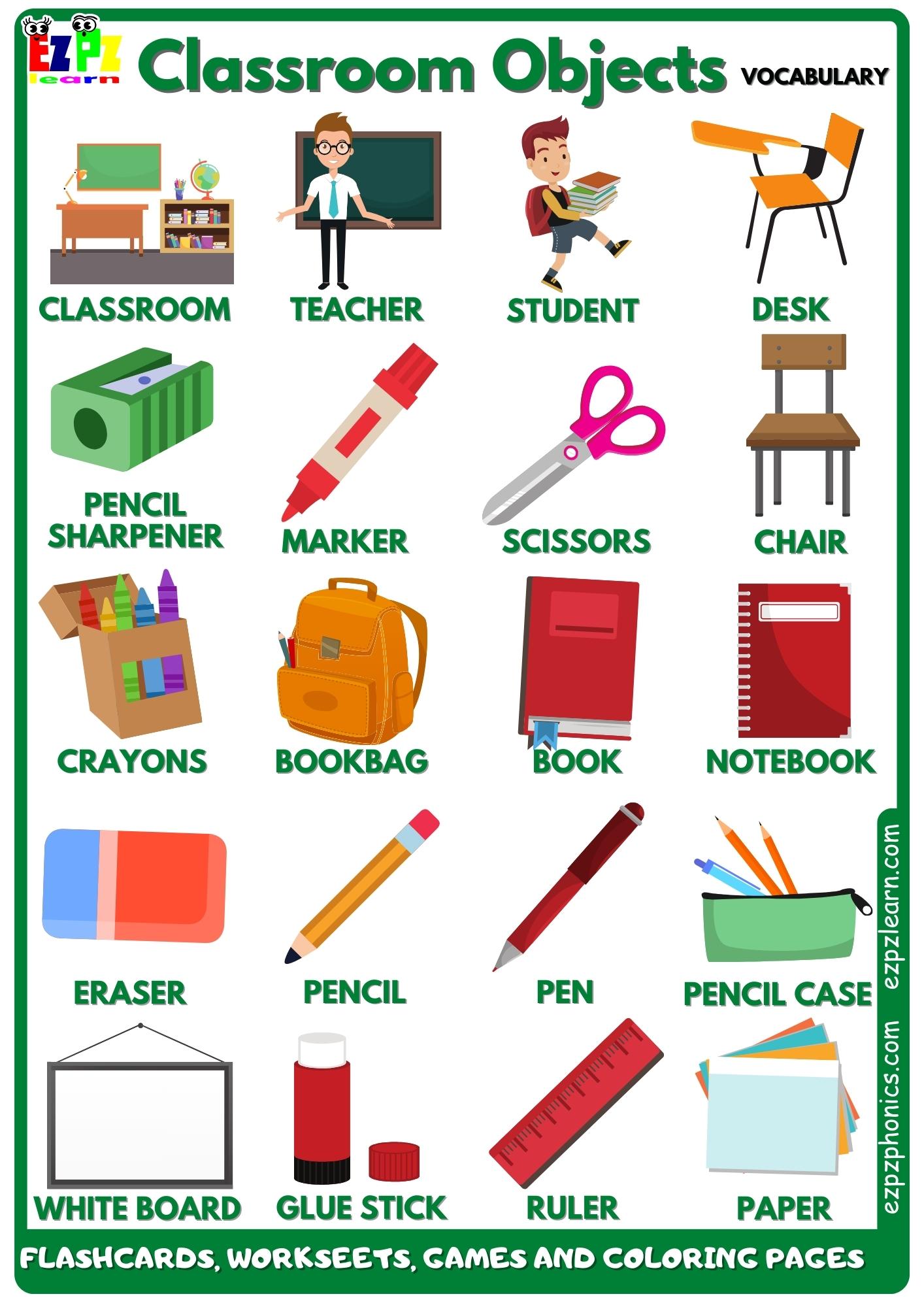 Classroom Objects Vocabulary Free English Vocabulary Resources Flashcards, Worksheets, Coloring Pages, Games and More for ESL